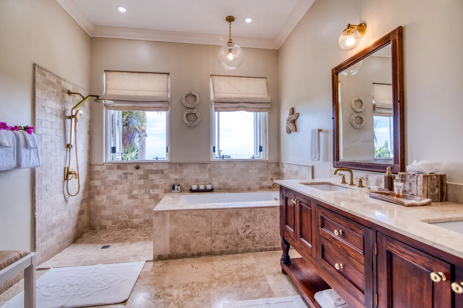 Marble bathroom with a sunken tub